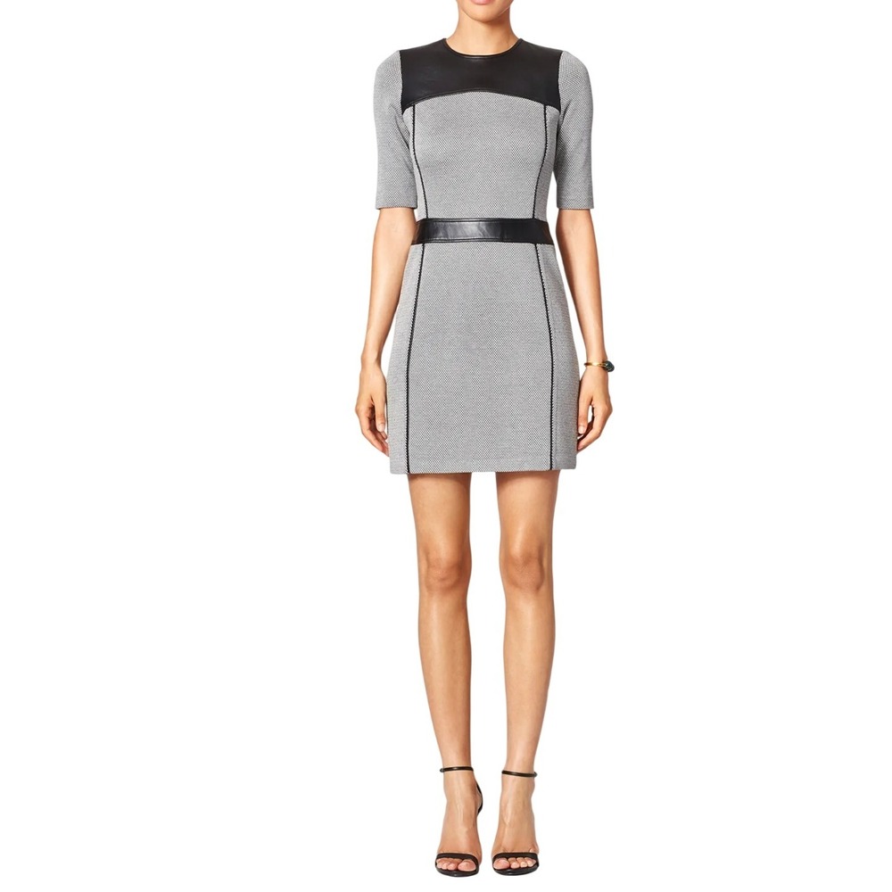 Theory Calvino Dress Size 8 Lambskin Leather Trim Combo  Elmore Knit Black White